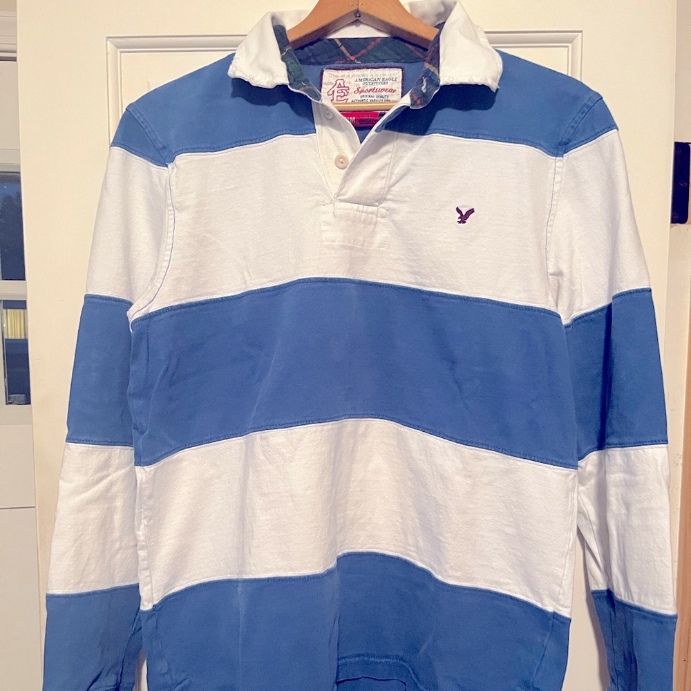 American Eagle, blue and white striped boys, long sleeve collared shirt.